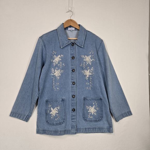 VTG Denim Jean Jacket Shacket Sz M Blue Silver Embroidery Pearls Pockets Boho - Picture 15 of 15